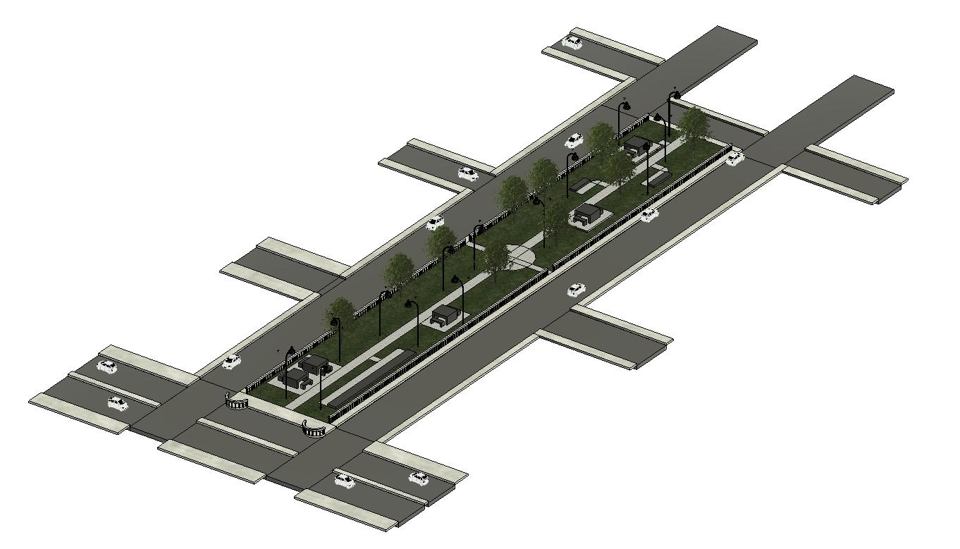 Revit render of the CapDécarie green deck above the Décarie Expressway